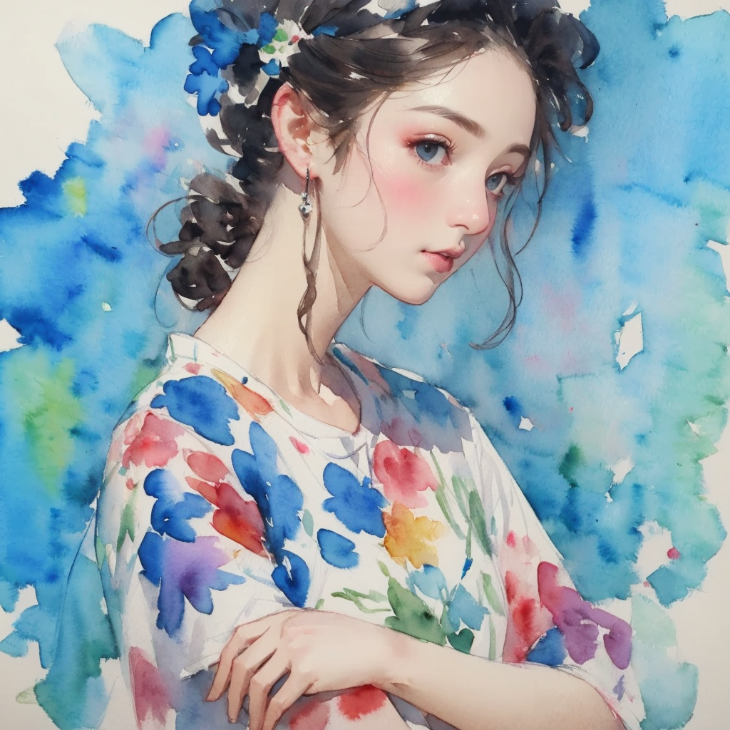 AI绘画StableDiffusion带信息样图-水彩画美少女